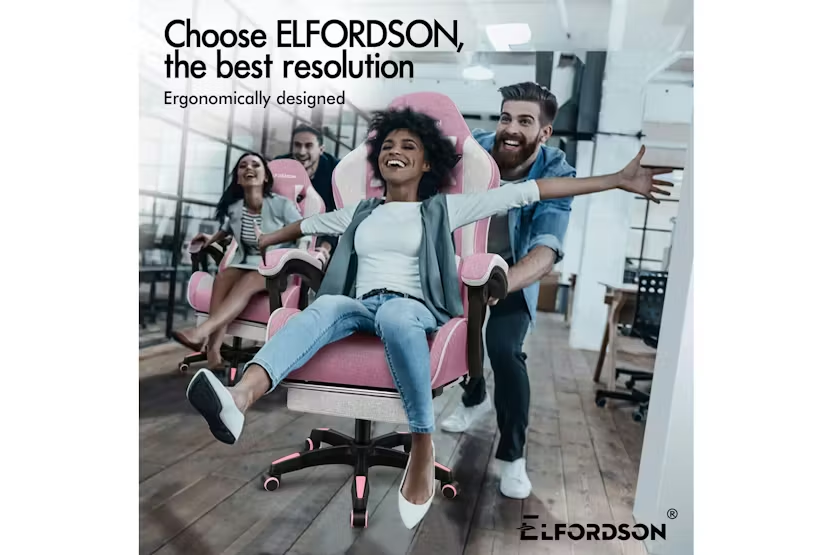 Elfordson Gaming Chair | Pink Fabric Linen High-back | With Massage Lumbar Cushion & Footrest