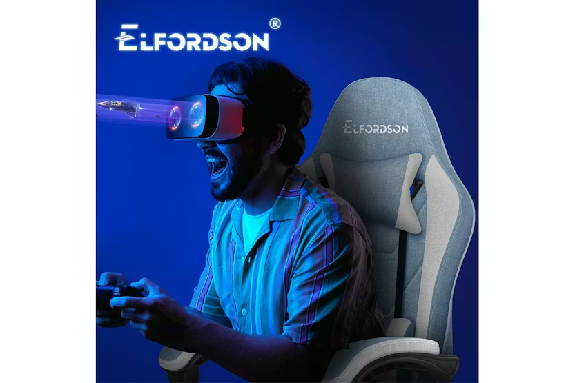 Elfordson Gaming Chair | With 2-point Massage Lumbar Cushion And High Back | In Blue Fabric