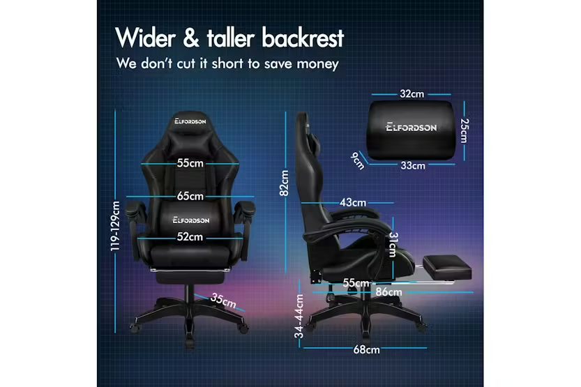 Elfordson Massage Gaming Chair with XL Lumbar Cushion | Black
