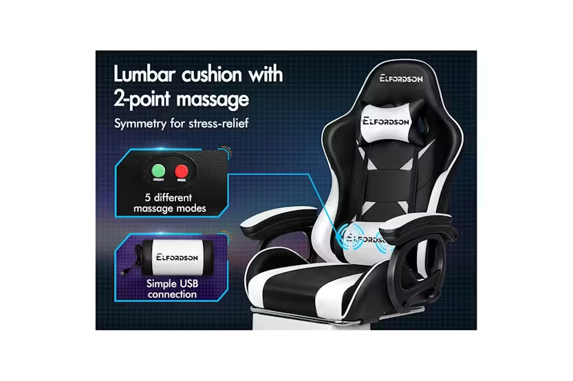 Elfordson Gaming Chair with 2-Point Massage Cushion | White/Black