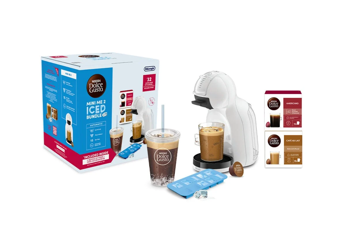 Nescafé Dolce Gusto Mini Me 2 Pod Coffee Machine By De'Longhi - Iced Bundle - White | EDG335.W+2CAPS